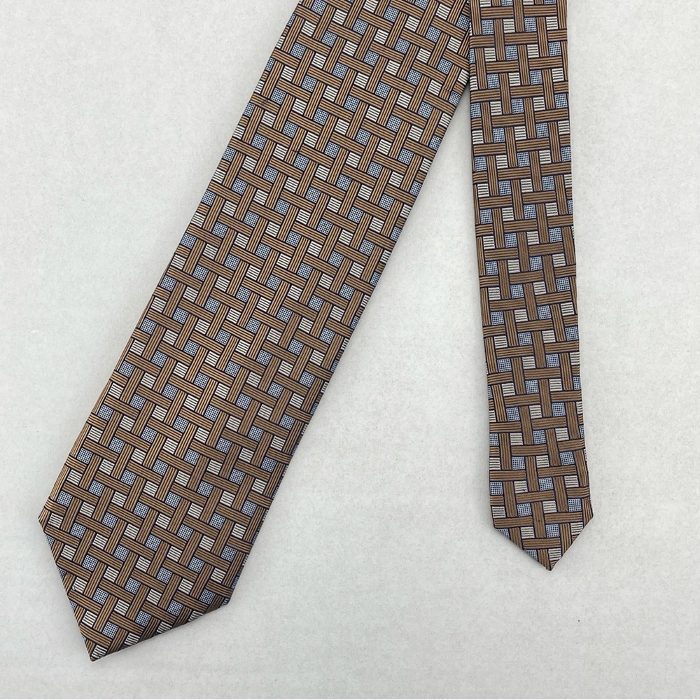 Jos A Bank Signature Collection Mens Silk Necktie Brown Blue Geometric Luxury